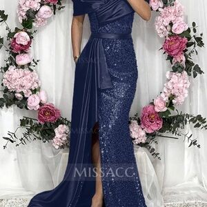 Elegant Navy Blue Sequin Evening Gown